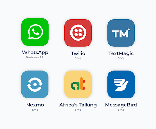 Icons for WhatsApp, Nexmo, Africa's Talking, MessageBird, Twilio, and TextMagic