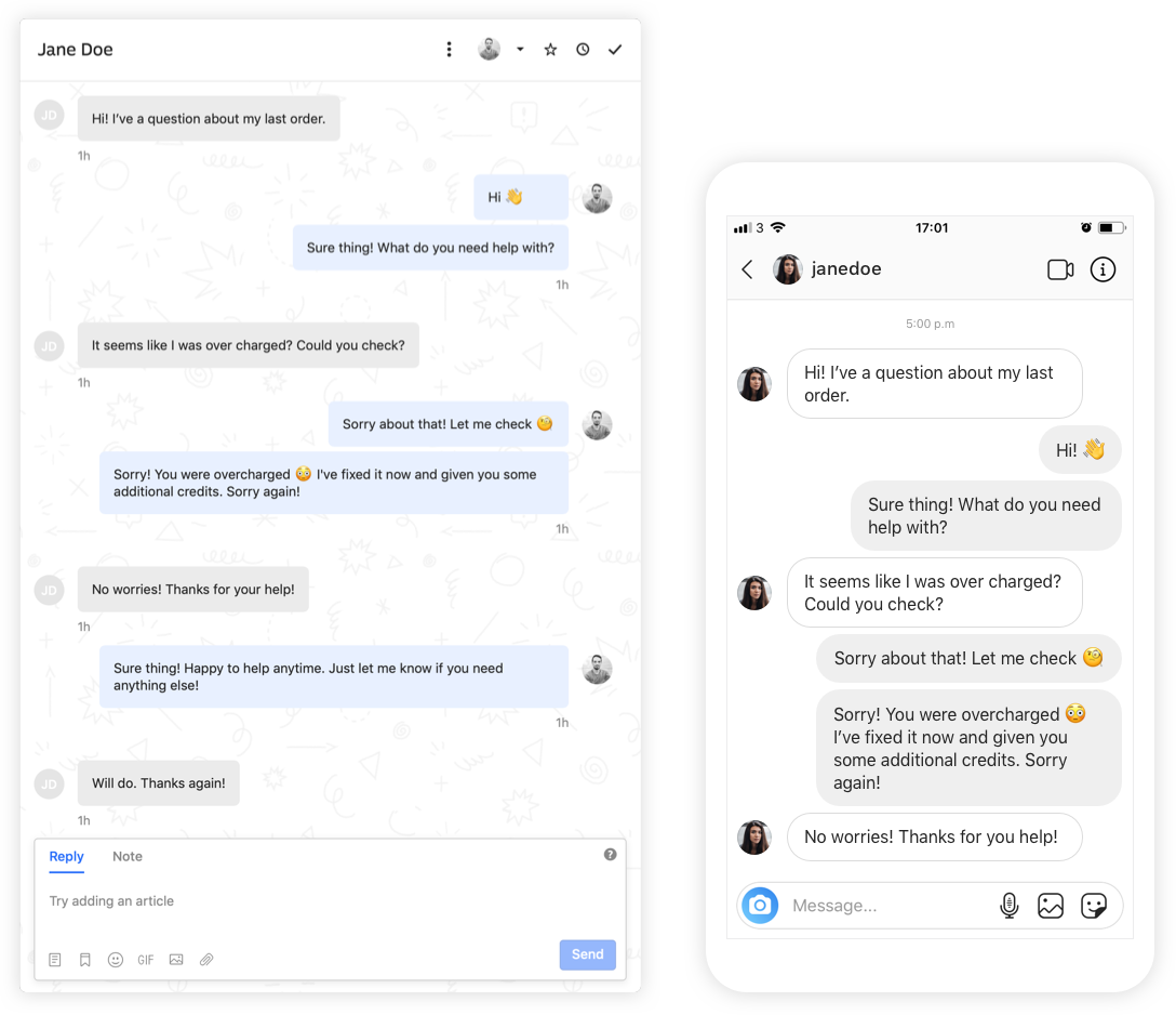 Product screenshot showing the Intercom Instagram integration in action