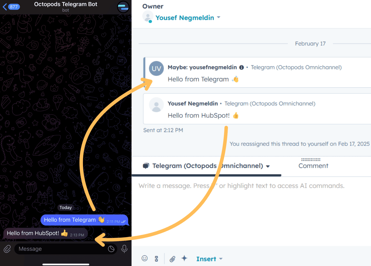 Telegram messages in HubSpot Inbox