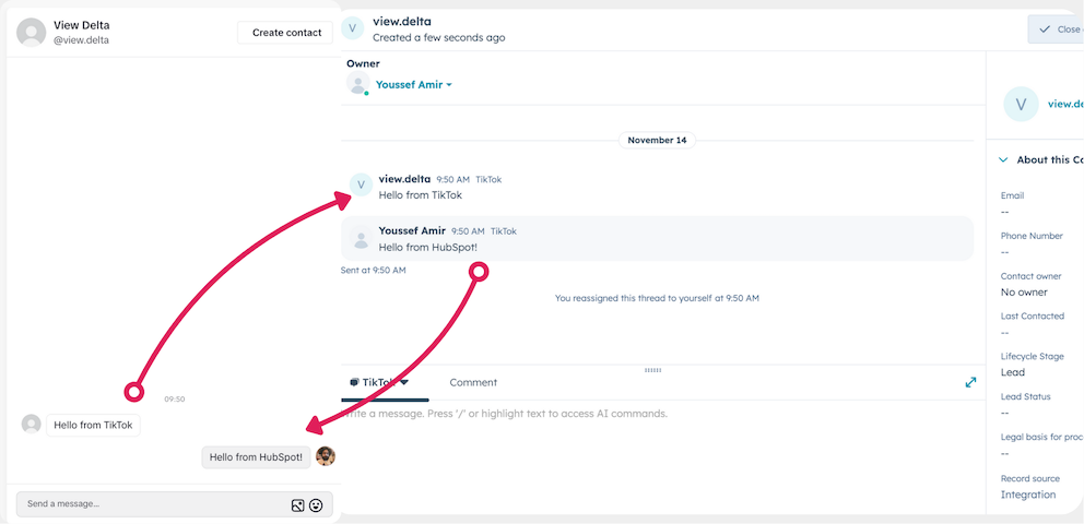 TikTok messages in HubSpot Inbox