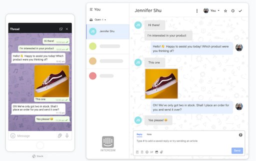 Screenshot of messages synchronized between Slack and the Intercom web app